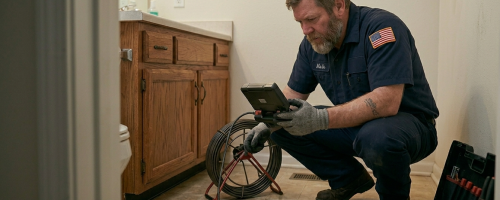Professional technician in Oklahoma City using advanced diagnostic camera equipment to inspect a residential gas line for repair or new installation.