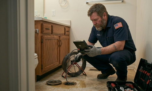 Professional technician in Oklahoma City using advanced diagnostic camera equipment to inspect a residential gas line for repair or new installation.