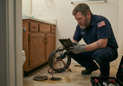 Professional technician in Oklahoma City using advanced diagnostic camera equipment to inspect a residential gas line for repair or new installation.