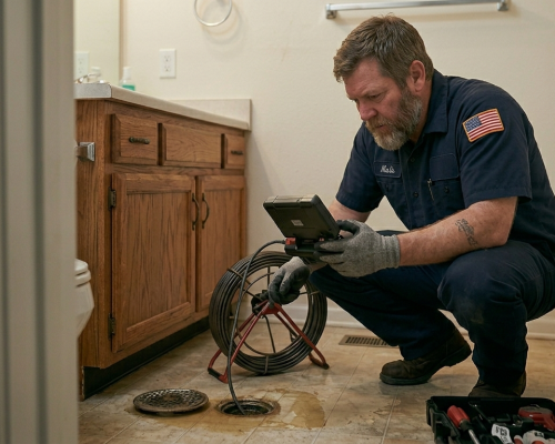 Professional technician in Oklahoma City using advanced diagnostic camera equipment to inspect a residential gas line for repair or new installation.