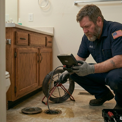 Professional technician in Oklahoma City using advanced diagnostic camera equipment to inspect a residential gas line for repair or new installation.