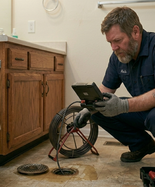 Professional technician in Oklahoma City using advanced diagnostic camera equipment to inspect a residential gas line for repair or new installation.