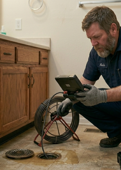 Professional technician in Oklahoma City using advanced diagnostic camera equipment to inspect a residential gas line for repair or new installation.