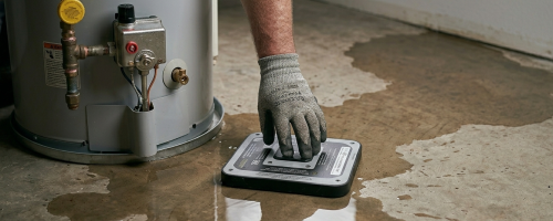 Emergency plumber Oklahoma City OK using electronic leak detection equipment to locate a slab leak under a residential foundation.