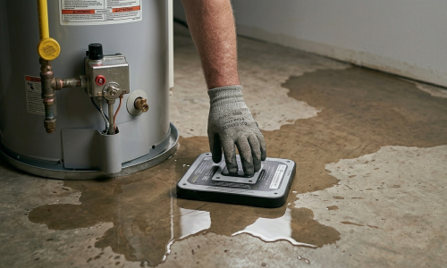 Emergency plumber Oklahoma City OK using electronic leak detection equipment to locate a slab leak under a residential foundation.