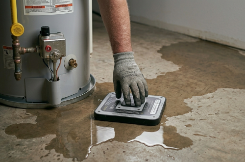 Emergency plumber Oklahoma City OK using electronic leak detection equipment to locate a slab leak under a residential foundation.