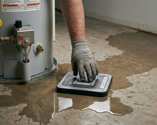 Emergency plumber Oklahoma City OK using electronic leak detection equipment to locate a slab leak under a residential foundation.