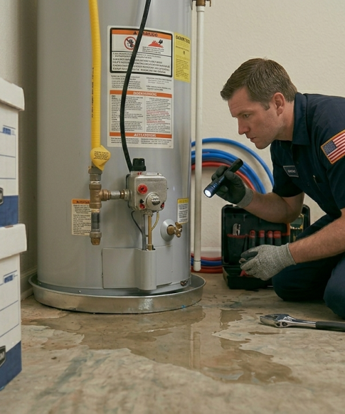 Professional plumber performing a comprehensive gas line inspection in an Oklahoma City home to identify potential leak hazards.