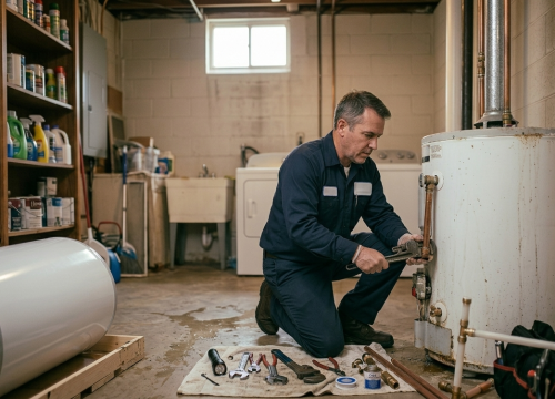 A professional residential plumber in Oklahoma City performing maintenance and repair on a traditional tank water heater in a home basement.